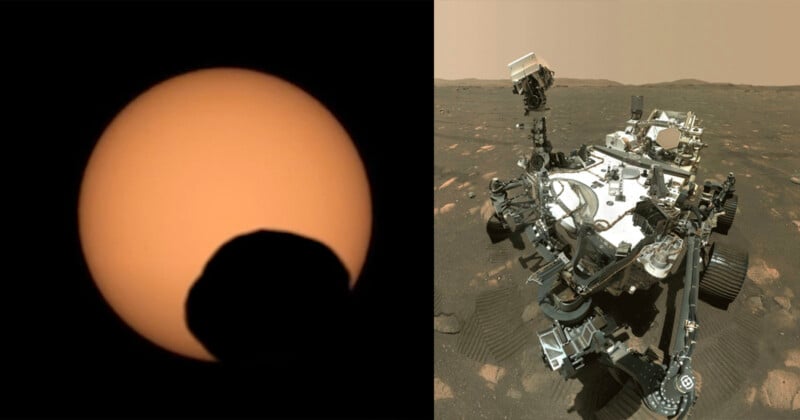 Left: Silhouette of a hill against a large orange sun in the sky. Right: Mars rover with robotic arm extended, standing on a rocky Martian surface under a hazy sky.