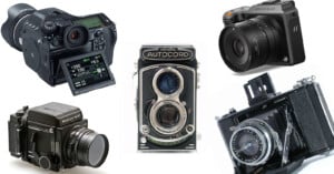 A collage of five cameras, including digital and vintage designs. The cameras vary in size and style, featuring displays, lenses, and intricate details, showcasing the evolution of photographic technology.