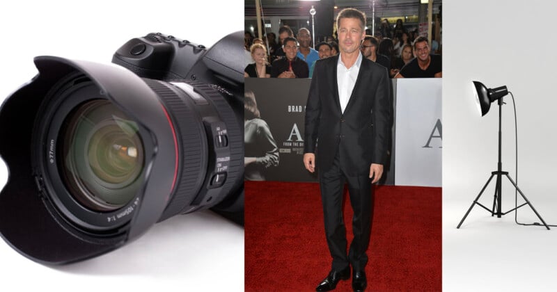 A camera lens on the left, a man in a suit on a red carpet in the center, and a studio light on the right.