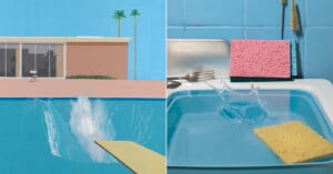 A split image: the left side shows a splash in a swimming pool by a diving board with a modern house and palm trees in the background. The right side shows a splash in a kitchen sink, with sponges, utensils, and a tiled blue wall.