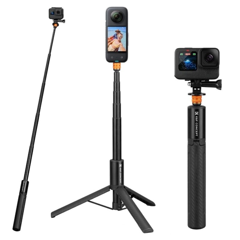 A black extendable selfie stick with a tripod base is shown. It holds a compact action camera. The stick is displayed both fully extended and retracted, highlighting its versatility and portability.