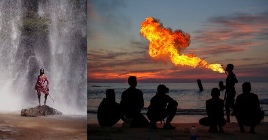 On the left, a person stands on a rock under a waterfall. On the right, a silhouette of a person breathes fire into the sky as others sit nearby, with a sunset background and ocean view.