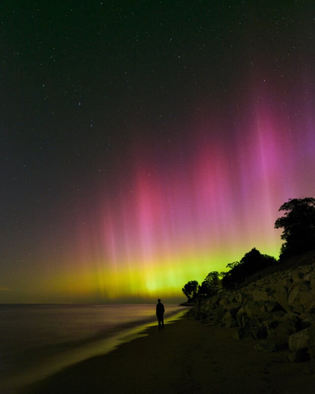 A person stands on a beach at night, gazing at vibrant pink and green auroras lighting up the sky above. The shoreline is lined with trees and rocks, under a starry sky.