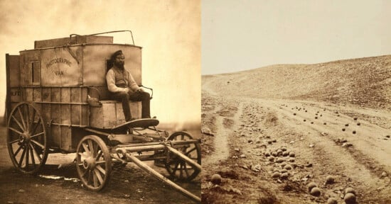 A sepia-toned image shows an old photography van with a man seated on it, and a barren landscape with cannonballs scattered on a dirt road, evoking a historic wartime scene.