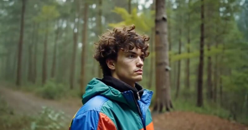 A young person with curly hair stands in a forest, wearing a colorful jacket. They look contemplative, with tall trees and dense greenery surrounding them in the misty background.