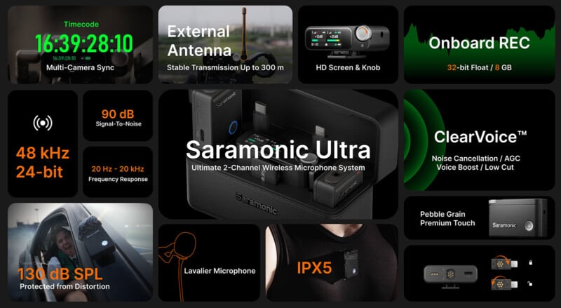  timecode sync, external antenna, onboard recording, noise cancellation, voice boost, pebble grain touch, 90 dB dynamic range, 48 kHz/24-bit audio, 130 dB SPL, IPX5 waterproof, lavalier mic.