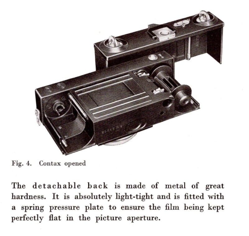 An open Contax vintage camera is displayed, showing its internal components. Below, there's text describing the camera's detachable back as metal, light-tight, with a spring pressure plate to keep film flat.