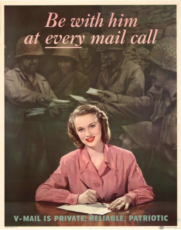 A vintage poster featuring a woman in a pink blouse writing a letter. The background shows soldiers reading letters. Text reads, "Be with him at every mail call," highlighting the importance of V-Mail during wartime.