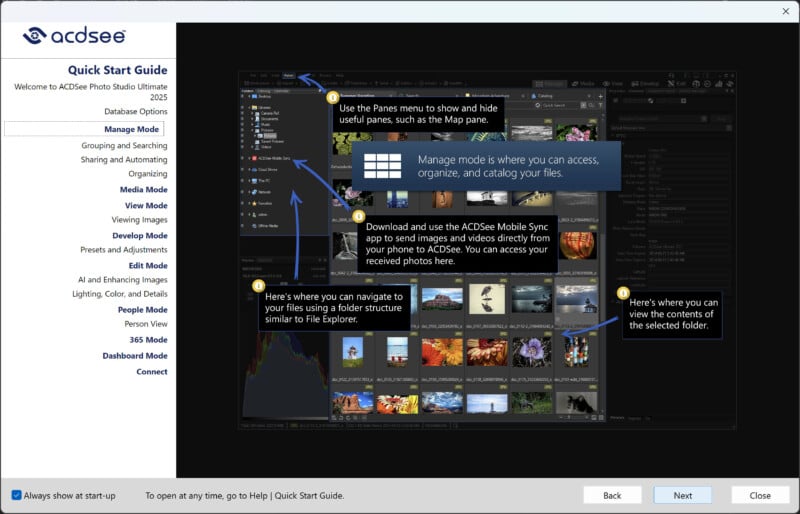 Screenshot of ACDSee Quick Start Guide showing various features of the software. Contains instructions on using panels, managing files, navigating photos, and accessing synced images. Navigation buttons and tips are highlighted on the interface.