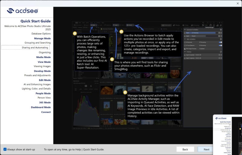 Screenshot of the ACDSee Quick Start Guide with four highlighted sections explaining Batch Operations, the Actions Browser, photo sharing options, and background activities. Each section provides detailed information on specific software functionalities.