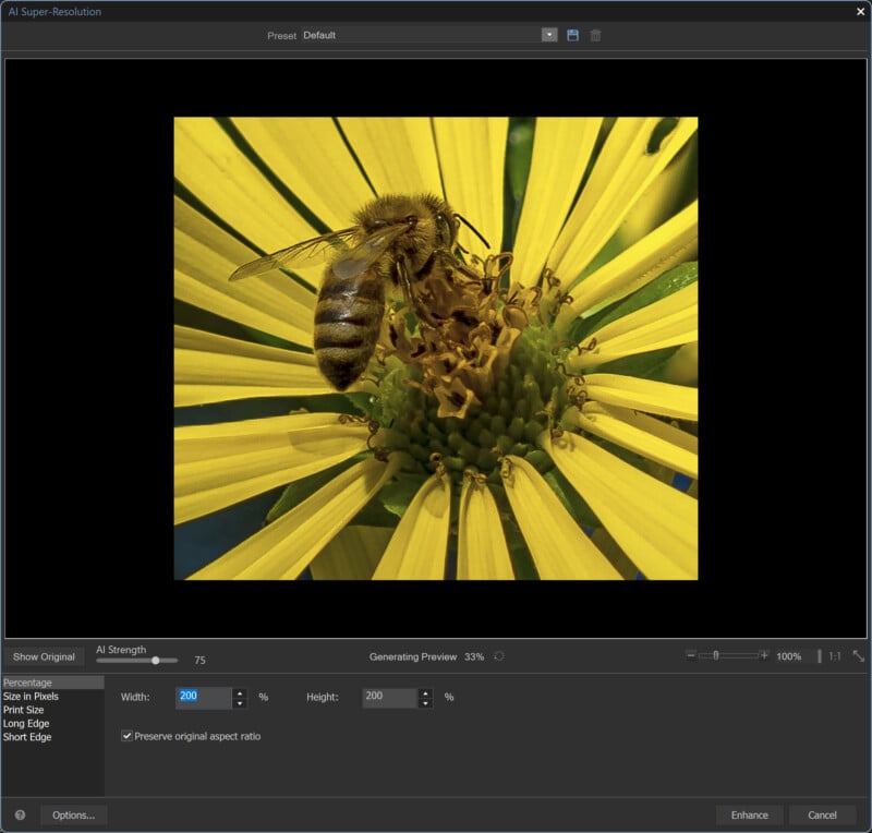 A bee is collecting nectar from a vibrant yellow flower, viewed close-up. The flower's petals radiate outward, and the bee's wings are visible as it perches on the central part of the flower. The image is shown within a photo editing software interface.