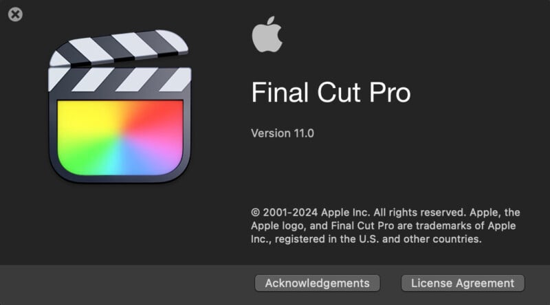 Final Cut Pro startup screen showing version 11.0. It features the app's logo, an Apple logo at the top, copyright information for 2001-2024, and two buttons labeled "Acknowledgements" and "License Agreement" at the bottom.