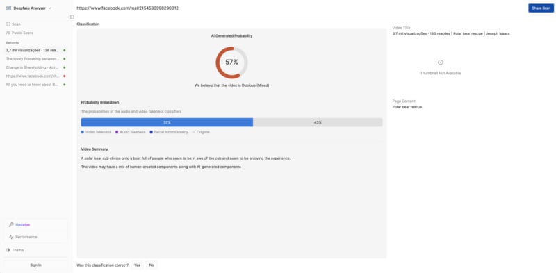 Screenshot of a webpage showing a video classification summary. The page indicates a 57% probability that the video is clickbait. A probability breakdown bar and a text summary are also visible on the page.