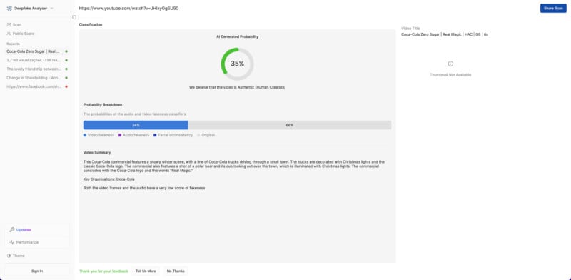 Screenshot of Deepfake Analyzer page for a video with a Coca-Cola logo. It shows a 35% generated probability and details about manipulated, synthesized, and original content. A video summary and request for user feedback are also present.