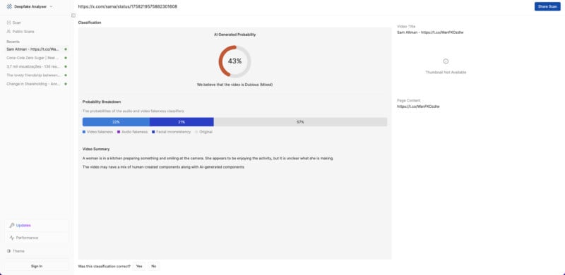 A screenshot of a video analysis interface showing a 43% generated probability that the video is "Delicious Mixed." Probability breakdown and video summary sections are visible, focusing on food preparation. There is a thumbnail not available note.