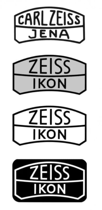  the first says "CARL ZEISS JENA," and the next three say "ZEISS IKON." Each logo has slight design variations, with different background shades and font weights.