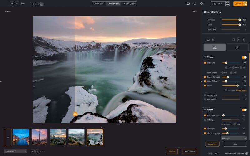 Image editing software interface displaying a landscape photo of a snowy waterfall. The left side of the image shows before editing; the right side shows after. Various editing tools are visible on the right, including tone and color adjustments.