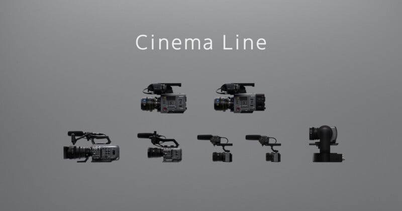 Image displaying a series of professional cinema cameras and equipment labeled "Cinema Line" against a gray background. The lineup includes various models with attached lenses and microphones, arranged in two rows.