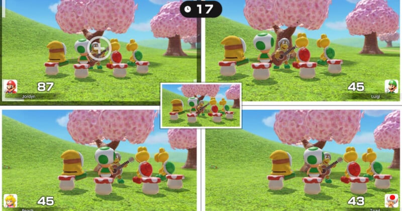 Four split-screen panels show a video game scene with green hills and pink trees. Characters in costumes, including a yellow and green mushroom, play musical instruments. Scores: Jordin 87, Luigi 45, bottom left 45, bottom right 43. Timer shows 17.