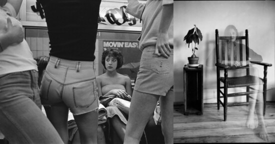 A young woman in a crowded room looks towards the camera while others in shorts stand nearby. To the right, a black-and-white photo shows an empty chair overlaid with a transparent figure, next to a table with a potted plant.