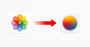 An image showing the icon for Apple's Photos app on the left, followed by a red arrow pointing to a new icon on the right that features a colorful gradient circle.