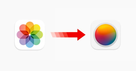 An image showing the icon for Apple's Photos app on the left, followed by a red arrow pointing to a new icon on the right that features a colorful gradient circle.