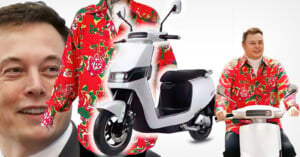 A man in a colorful shirt is shown in various images. One image highlights the shirt's floral pattern, while another shows him riding a white scooter. Additionally, a close-up of his smiling face is included.