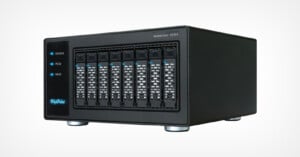 A black RAID storage server with eight hard drive bays and LED status indicators on the left. The front panel displays "HighPoint" branding. The server is set against a plain light grey background.