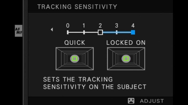 Camera tracking sensitivity adjustment screen showing a scale from 0 (quick) to 4 (locked on). Two diagrams with green squares represent different tracking settings. Text reads "Sets the tracking sensitivity on the subject.