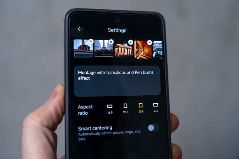 A smartphone screen displays settings for editing, including montage options with transitions and Ken Burns effect. Aspect ratios of 16:9, 9:16, 3:4, and 4:3 are shown. Text underneath mentions smart centering for people, dogs, and cats.