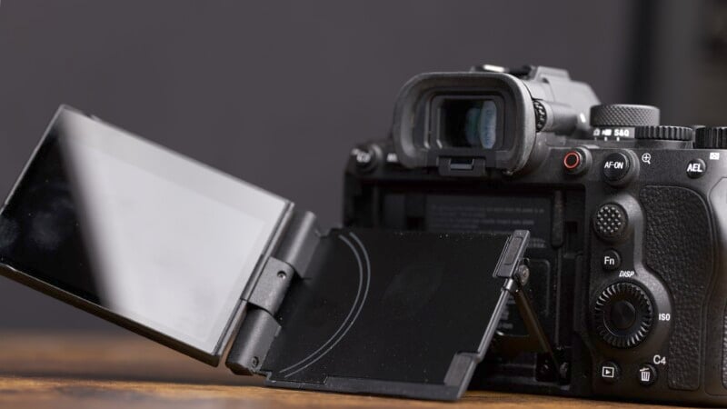 A DSLR camera with an articulating LCD screen flipped out, displaying its back view. The camera is resting on a wooden surface against a dark background.