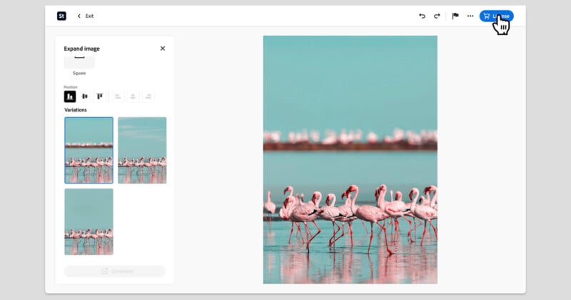 A group of flamingos stands in shallow water with reflections visible, against a serene turquoise background. Other flamingos can be seen in the distance, creating a tranquil scene.