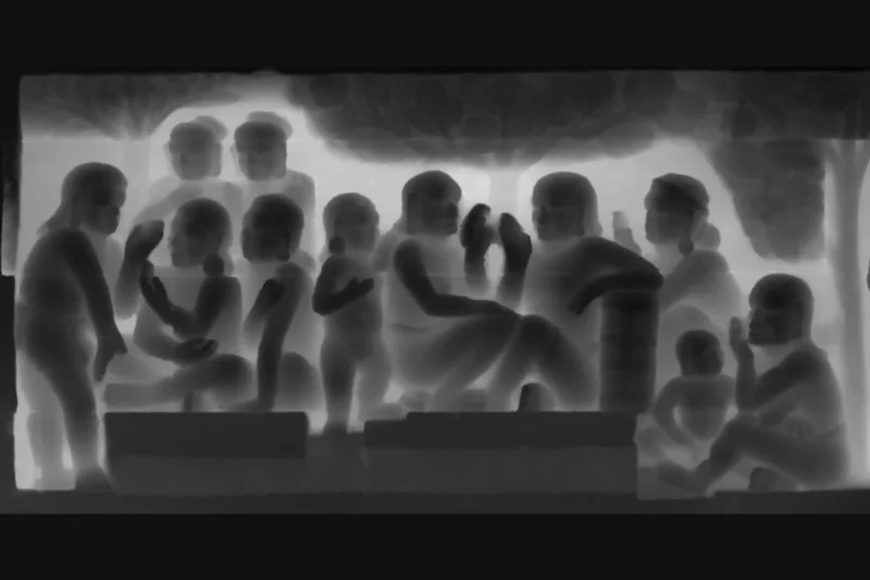 X-ray style image depicting a group of people seated and standing. They appear to be engaged in various activities, with some holding objects. The grayscale tones create a skeletal or outlined effect.