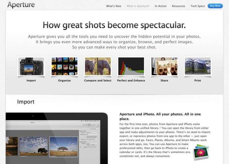 A webpage for Aperture, highlighting features like Import, Organize, and Enhance. The top section has a camera image, sample photos, and a "Buy Now" button. The lower section discusses importing photos from Aperture and iPhoto.