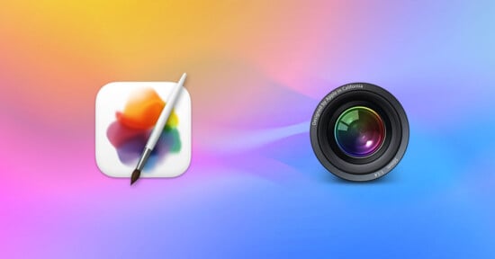 A digital illustration showing a software icon with a paintbrush and color palette on the left, and a camera lens on the right. The background is a gradient of pastel colors blending from yellow to pink to blue.