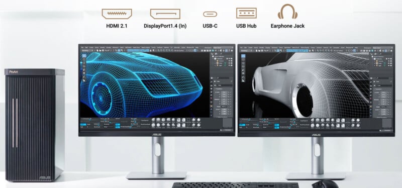 A desktop setup with two monitors displaying 3D car design software. Next to the monitors is a vertical black computer tower. Icons above indicate HDMI 2.1, DisplayPort 1.4, USB-C, USB Hub, and earphone jack features.