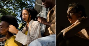 Left: Three people sitting outdoors, one braiding another's hair, with trees and a house in the background. Right: A person sits in dim light, resting their arms on their knees, looking contemplatively to the side.