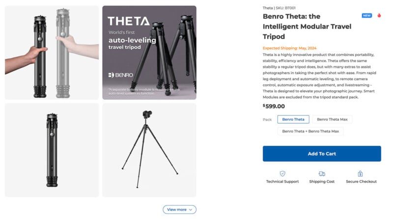 A modular travel tripod with an auto-leveling feature. The image shows various configurations and a foldable design. The product description highlights its advanced technology and portability. Price listed as $599.00 with additional purchase options.