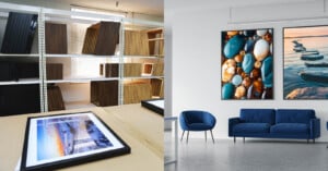 Left: Shelving with various picture frames in a bright room. A framed photo lies on a table. Right: A modern living room with two blue sofas and two large wall art pieces, featuring stones and water, displayed on a white wall.