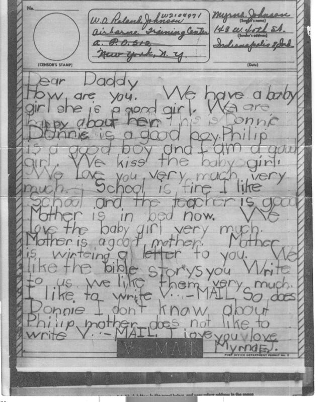 A child's handwritten letter to their father talks about family life, mentions their baby sister, school, and Bible reading. The letter includes a hand-drawn heart and the words "AIR MAIL" at the bottom. The paper shows the sender's address.