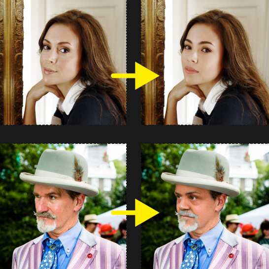 A side-by-side comparison shows two pairs of photos. The top row shows a woman with a slight facial angle change, and the bottom row shows a man wearing a gray hat with slight variations in posture. Arrows indicate the transformations.