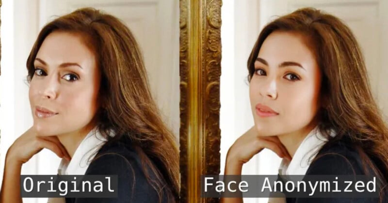 A woman is shown in two side-by-side images. The left image is labeled "Original," and the right is labeled "Face Anonymized," illustrating changes made to her facial features.