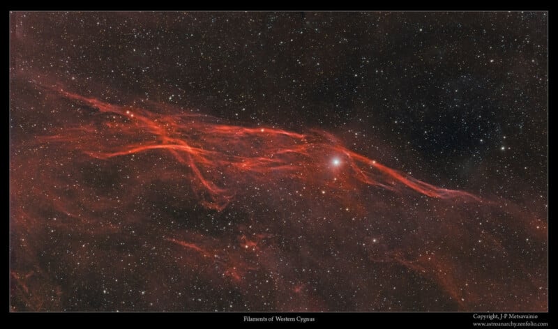 A vibrant image of the Filaments of Western Cygnus, featuring intricate, glowing red nebula threads against a starry black background. A bright white star stands out near the center.