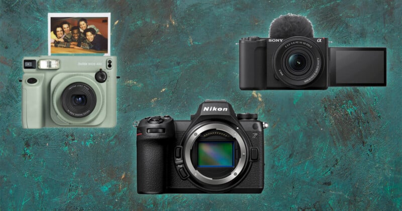  a mint green Fujifilm instant camera, a Sony digital camera with a flip screen and microphone, and a Nikon Z series mirrorless camera with no lens, set against a textured green background.