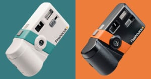 Two retro-style cameras are displayed on split backgrounds. The left camera is white with teal accents, and the right camera is black with orange accents. Both have the brand name "Flashback" visible on the side, set against teal and orange backgrounds.