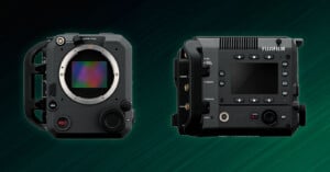 A Fujifilm mirrorless camera front view on the left, showing its sensor, and rear view on the right, displaying its LCD screen and controls, set against a gradient green background.