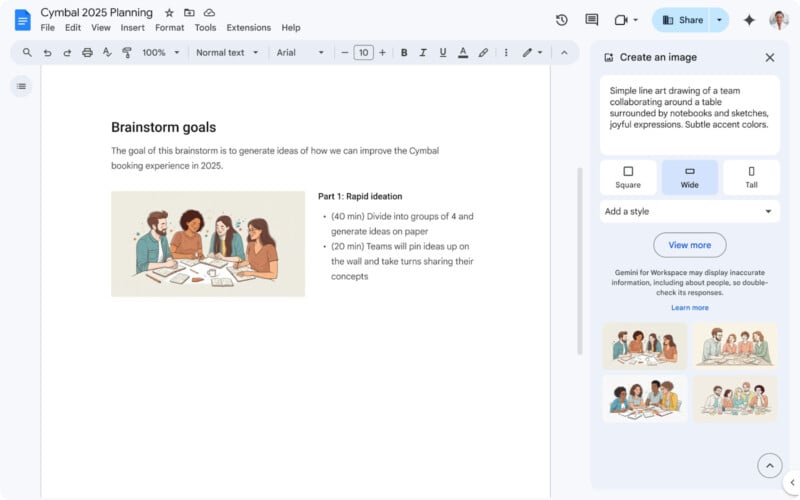 Screenshot of a document titled "Cymbal 2025 Planning" with an illustration of four people brainstorming. The text outlines a goal to improve Cymbal bookings in 2025, mentioning rapid ideation and idea sharing.