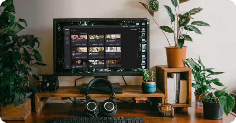 A desktop setup with a monitor displaying a photo editing interface. The desk has potted plants, a keyboard, headphones, books, and a camera. The background features a white wall, creating a clean and organized workspace.