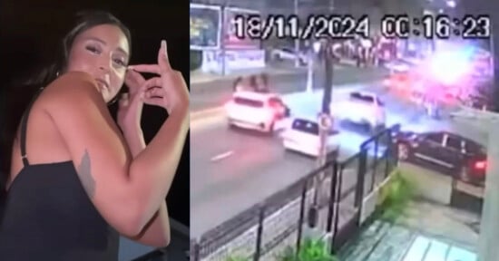 A woman in a black dress poses on the left side of the image. On the right, a street surveillance camera captures several cars and bright lights at night. The timestamp on the footage is 18/11/2024, 00:16:23.