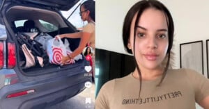 Split image: Left side shows a person loading shopping bags into a car trunk. Right side features a young woman in a beige shirt posing indoors.